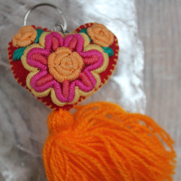 Little Mexican Handmade Heart Tassel Keyring (Orange)