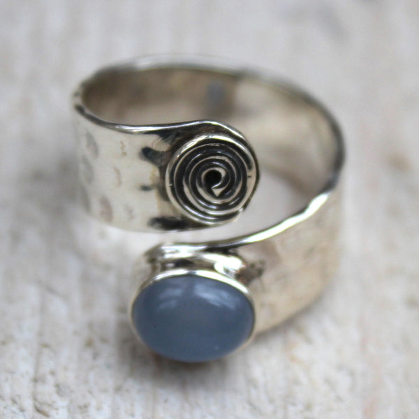 Blue Chalcedony + Sterling Silver Adjustable Swirl Ring