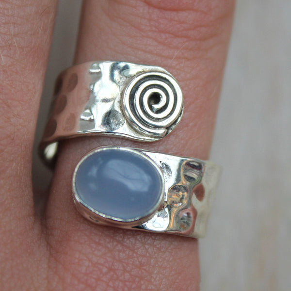 Blue Chalcedony + Sterling Silver Adjustable Swirl Ring