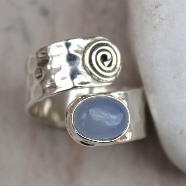 Blue Chalcedony + Sterling Silver Adjustable Swirl Ring