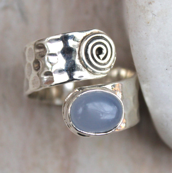 Blue Chalcedony + Sterling Silver Adjustable Swirl Ring