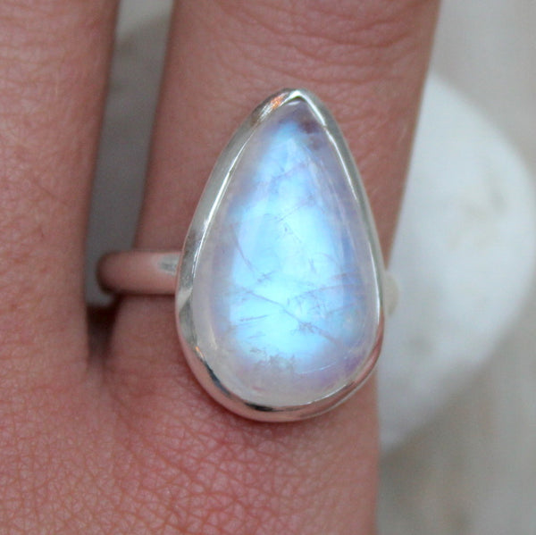 Rainbow Moonstone + 925 Silver Droplet Ring