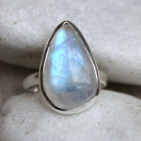 Rainbow Moonstone + 925 Silver Droplet Ring