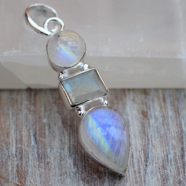 Rainbow Moonstone Triple Jewel Pendant