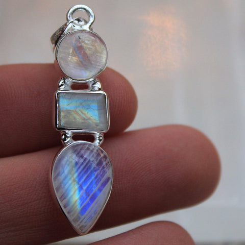 Rainbow Moonstone Triple Jewel Pendant