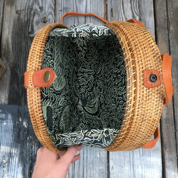 Handmade Indonesian Ata Grass Circle Rattan Backpack with Batik Lining