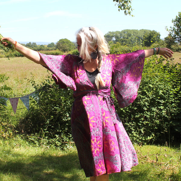 Recycled Indian Sari 'Nidhi' Butterfly Wing Midi Wrap Dress