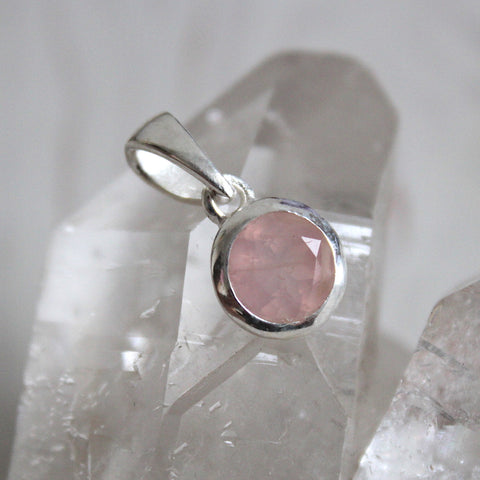 Faceted Rose Quartz + 925 Sterling Silver Circle Pendant